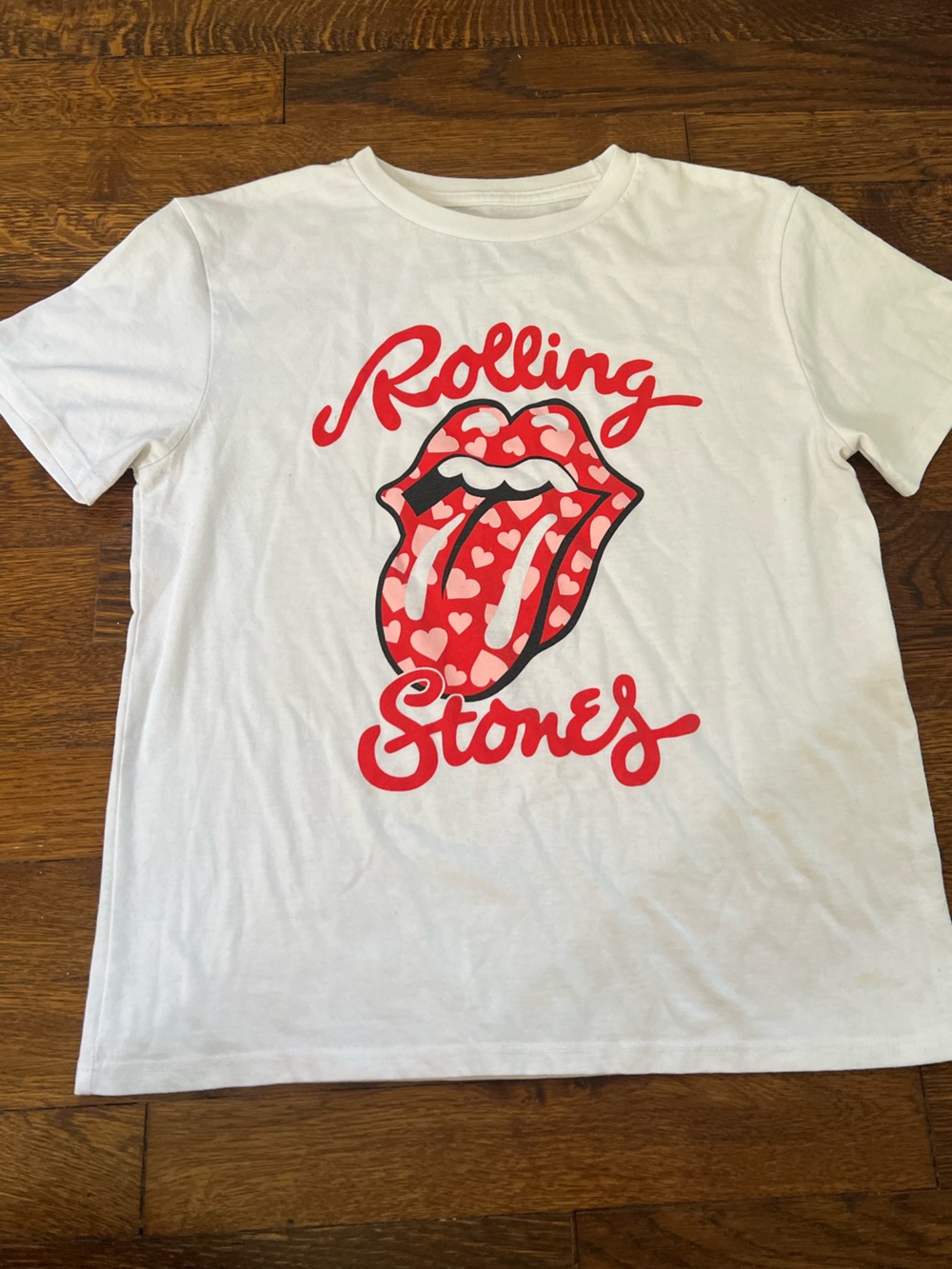 the Rolling Stones White Tee with Red Heart-Pattern Tongue Graphic